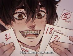 an anime character holding up two cards with numbers on them and smiling at the camera