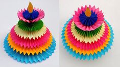 two pictures of different colored paper flowers