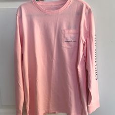 Brand New, Vineyard Vines Classic Long Sleeve Tee. Multi Tone Blues On Pink Shirt. Size Large, 12-14. Would Be Such A Fun Addition To An Easter Basket Casual Long Sleeve Pink Shirt, Casual Pink Long Sleeve Shirt, Pink Long Sleeve T-shirt For Summer, Vineyard Vines Long Sleeve, Vineyard Vines Shirts, Pink Shirt, Easter Basket, Vineyard Vines, Long Sleeve Tee