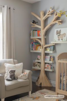 a baby's room with a tree, chair and bookshelf in it