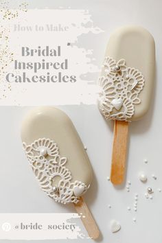 2 ivory cakesicles with edible lace covering the bottom left quarter with some edible beads as accents. Wedding Cakesicles, Popsicles Cake, Fancy Donuts, Wedding Snacks, Summer Favors, Cake Pop Decorating, Wedding Cake Pops, Edible Favors, Edible Lace