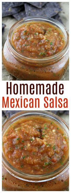 homemade mexican salsa in a glass jar with text overlay that reads homemade mexican salsa