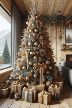 a decorated christmas tree in a living room with presents under it and a window overlooking the snow covered mountains