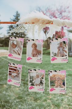 some pictures hanging from a clothes line in the grass with flowers and feathers on it