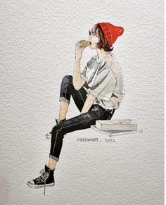 a watercolor painting of a person sitting on a bench with a red beanie