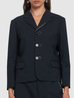 Front button closure. Embroidered details. Two front pockets. Lined. Model is wearing a size36 Designer Business Blazer With Snap Buttons, Designer Sport Coat With Button Closure And Lapel Collar, Designer Sport Coat With Lapel Collar, Notch Lapel Sport Coat With Snap Buttons For Work, Patchwork Jackets For Women, Patchwork Jacket, Wool Blend Jacket, Baby Jacket, Embroidered Details