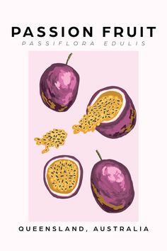 the cover of passion fruit, which is printed in purple and gold on a white background