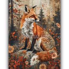 a painting of a fox sitting on top of a rock surrounded by flowers and trees