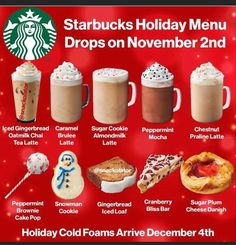 starbucks holiday menu with different drinks and desserts