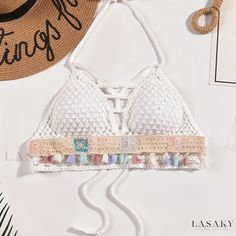 Lasaky - Womens Bohemian Crochet Tassel Trim Beach Top with Halter Tie Neck, Backless Design and Hollow Out Details - Ideal Swimwear and Clothing for Stylish Summer Looks Boho Mode, Bohemian Beach, Backless Design, Beach Tops, Swimsuit Cover Ups, Bead Crochet, Swimwear Outfit, Estilo Boho, Top Fabric