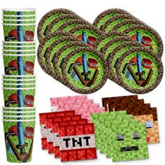 a bunch of paper plates and cups with some pixel art on them