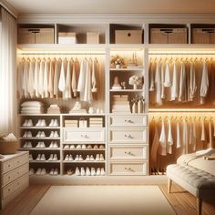 a walk in closet filled with lots of white clothes