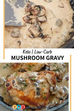 two pictures with mushrooms and gravy in them