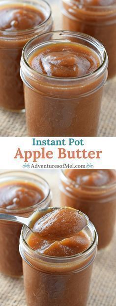 three jars filled with apple butter on top of a table