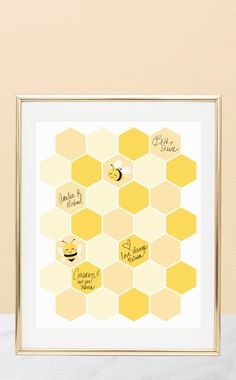 a yellow and white honeycomb print with the names of bees on it in gold frame