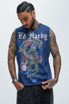 Available In Midnight Blue. Crew Neck Sleeveless Screen Print 60% Cotton 40% Polyester Disclaimer: Due To The Printing Process A Difference In Saturation May Occur. Each Garment Is Unique. Print Placement Will Vary. Imported | Mens Ed Hardy Dragon Muscle Tee Shirt in Midnight Blue size Medium by Fashion Nova Ed Hardy Dragon, Blue Crew, Muscle Tee, Ed Hardy, Print Placement, Muscle Tees, Graphic Shirts, Unique Print, Screen Print