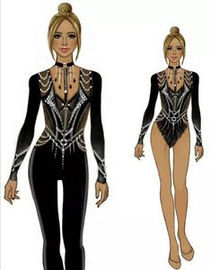 a drawing of a woman in black and white bodysuit with chains on her chest