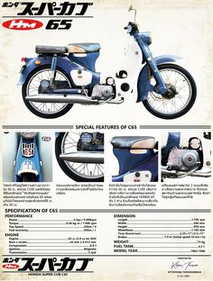 an advertisement for a motorcycle that is blue and has pictures of the parts on it