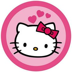 a hello kitty sticker with hearts in the background and a bow on it's head