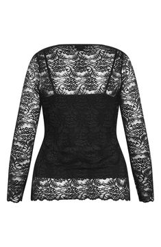 A tonal lining gives a layered look to this stretchy lace top with a beautifully scalloped hem. 24 1/2" length Jewel neck Long sleeves Partially lined 95% polyester, 5% elastane Machine wash, line dry Imported Chic Lace Tops For Layering, Chic Delicate Lace Top For Layering, Elegant Lace Trim Top For Night Out, Chic Black Top With Scalloped Lace, Elegant Spring Lace Top With Contrast Lace, Chic Lace Top With Contrast Lace, Chic Fitted Lace Top With Contrast Lace, Spring Evening Top With Scalloped Lace, Chic Evening Tops With Scalloped Lace