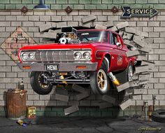 A classic 1955 Chevy muscle car in matte black is bursting through the gray cement wall of a service garage Car Mural Art, Craftsman Tools Set, Car Mural, Cars Mural, Wall Transfers, Text Wall, Break Wall, Car Workshop, Car Breaks