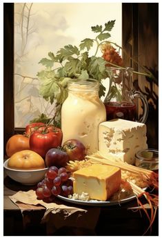 a painting of cheese and fruit on a table