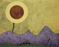 a painting with mountains in the background and a sun above it, on yellow paper