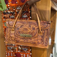 Amazing Vintage Hand-Tooled Mexican Leather Purse From The 1970s Excellent Vintage Condition With Age Appropriate Wear, A Few Minor Scuffs-Otherwise In Great Shape With Lots Of Life Left! Gorgeous Intricate Tooled Design. 13.5 X 9 X 5 Inches Retro Hand-tooled Bags, Vintage Brown Hand-tooled Shoulder Bag, Vintage Hand Tools, Vintage Mexican, The 1970s, Leather Purse, Leather Purses, 1970s, Satchel