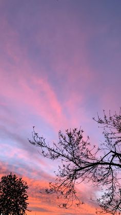 the sky is pink and purple as the sun sets in the distance behind some trees