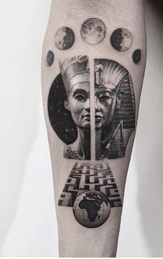 a man's leg with an egyptian themed tattoo on the side of his leg