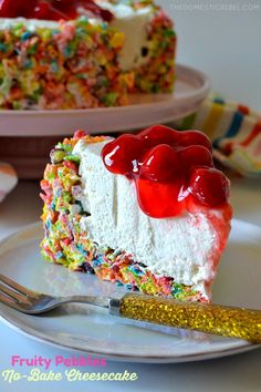 a piece of cake with cherries on top is sitting on a plate next to a fork