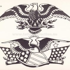 two eagle emblems with american flags on them