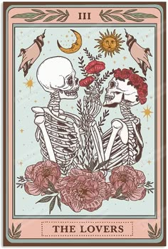 the lovers tarot card with two skeletons and flowers