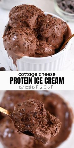 chocolate ice cream in a white bowl with a spoon full of it and the text cottage cheese protein ice cream