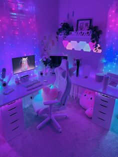 a room with purple lights and white furniture, including a computer desk in the corner