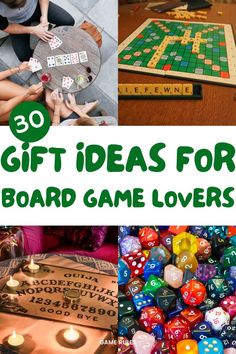 several different games and activities with the words, gift ideas for board game lover's