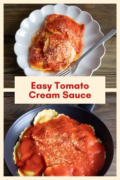 an easy tomato cream sauce in a skillet with the words, easy tomato cream sauce