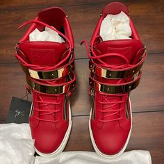 Red Ski Boot High Tops With Double Gold Buckles. Leather Shoes Unworn With Box And Tags Still Attached Eu 46 Gucci Boots Mens, Jordan High Heels, Nike Red Sneakers, Red Nike Shoes, Nike Shoes Women Fashion, Ski Boot, Jordan 13 Shoes, Shoe Designs, Nike Fashion Shoes