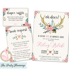 two baby shower cards with pink flowers and antlers on them, one is for a girl