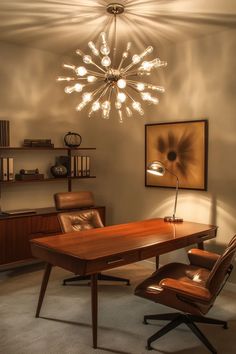 Sleek home office decor mid century modern style with wall mounted shelving and ambient lighting