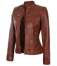 Cognac Waxed Women's Premium Brown Leather Jacket Leather Motorcycle Jacket Women, Asymmetrical Leather Jacket, Cafe Racer Leather Jacket, Womens Moto Jacket, Leather Jacket Women, Cafe Racer Style, Womens Black Leather Jacket, Cafe Racer Jacket, Womens Biker Jacket