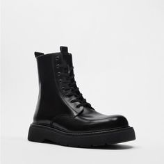 Zara Lace Up Combat Style Lug Sole Boot Genuine Leather Black I Can’t Find If This Is A Man’s Or Womens Size 39 But From The Tag I Assume It Is Mens. This Boot Seems Big For A 39 Or Mens 6. The Top Part Measures About 10.5” Long And Bottom Of The Sole Measures 11 1/2” For Reference. New With Tags. We Zara Boots Men, Black Pointed Toe Combat Boots, Casual Platform Lace-up Boots For Work, Casual Black Combat Boots With Pointed Toe, Casual Platform Boots With Flat Heel For Work, Zara High-top Leather Boots, Zara Casual Lace-up Boots, Zara Casual Workwear Boots, Zara Leather Ankle Combat Boots