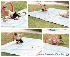 three pictures of a boy playing with a ball on a trampoline in the yard