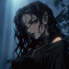 an anime character with long black hair and piercings