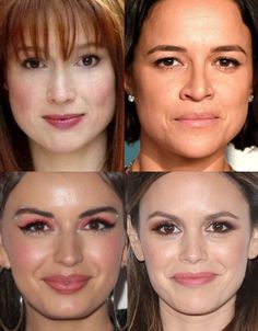 headshots of ellie kemper, michelle rodriguez, rebecca black, and rachel bilson, all the natural classic gamine type Gamine Face, Cute Lines, Ingenue Essence, Style Roots