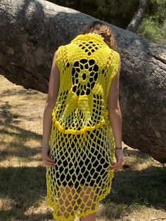 This beautiful flowing crochet doily boho vest is handcrafted with acrylic yarn and love. Bright and fun for your summer plans! Perfect wardrobe addition for pride, festivals, concerts, days at the beach, pool parties and more! Crochet tie included Machine wash cold on gentle cycle, air dry flat Boho Sheek, Crochet Circle Vest, Luggage Identifiers, Crochet Tie, Tan Scarf, Yellow Crochet, Boho Vest, Crochet Circles, Summer Plans