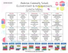 the calendar for an elementary and middle school lunch menu