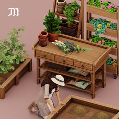 a woman kneeling down in front of a table with plants on it and another planter next to her