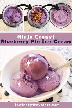 three bowls filled with blueberry ice cream