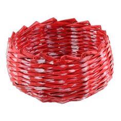 a red and white basket is shown on a white background